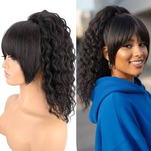 lot 20446 image: Rafabcici Ponytail Extension with Bangs,Yaki Curly Drawstring Ponytail Extension for Women 20 Inch Long Natural Black Wavy Layered Pony Tails Hair Extensions Synthetic Clip in Ponytail Hairpiece