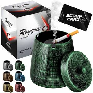 lot 20452 image: roygra Ash Tray with Lid, Outdoor Ashtray for Outside Patio, Smokeless Metal Ashtrays for Cigarettes with 3 Holder, Smoking Accessories, Home D�cor, Ashtrays for Smokers Indoor - Green, Small