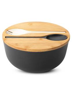 lot 1158 image: BAMBOO LAND- Large Salad Bowl with Wooden Lid, 10 Inch108 Oz, Black, Bamboo Fiber Salad Bowl with Serving Utensils, Wide Applications