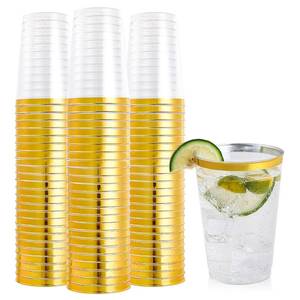 lot 1160 image: FOCUSLINE 100 Pack 12 oz Gold Rimmed Plastic Cups, 12 Ounce Clear Plastic Tumblers, Heavy-duty & Fancy Disposable Hard Cups with Gold Rim for Wedding