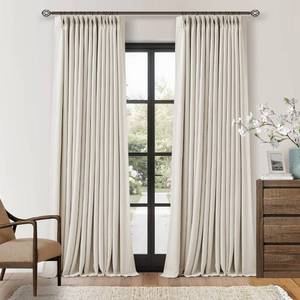 lot 1178 image: Pinch Pleat Extra Long 120 Inch Blackout Curtains for Living Room 2 Panels Set 100% Black Out Flax Burlap Natural Beige Cream White Pleated Drapes Room Darkening Luxury High Ceiling Windows Curtain