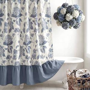 lot 1209 image: CrystalSylara Blue Floral Linen Textured Ruffle Shower Curtain Cottage Core Vintage Block Print Shower Curtains Decorative Farmhouse Curtain Set for Rustic Farmhouse Frenchy Bathroom Decor, 72wx72h