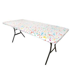 lot 2360 image: Fun Fitted- 2 Pack Fitted Plastic Tablecloth, Elastic Edge Table Cover, Windproof for Birthday Party, Picnic Table, Outdoor, Classroom, Confetti Print