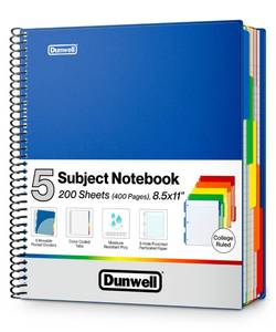 lot 2363 image: Dunwell 5-Subject Spiral Notebook, College Ruled (Blue), Colorful Movable Pocket Dividers with Tabs, FrontBack Plastic Covers, 200 Sheets (400 Pages) of 3-Hole Punch Perforated 8.5x11 Paper