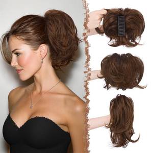 lot 2364 image: FESHFEN Claw Clip Short Ponytail Extensions - DIY Bendable Metals Fluffy Messy Bun Hair Piece Straight Synthetic Hairpieces for Women, Dark Brown Mix Auburn