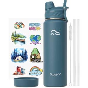 lot 2379 image: Swigina 2-IN-1 LID Insulated Water Bottle with Silicone Boot (36hrs Cold18hrs Hot) - DIY Stickers, Leakproof, BPA Free, 24 oz