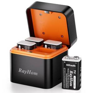 lot 2382 image: RayHom 4 Pack 600mAh 9V Rechargeable Lithium Batteries with Charger,