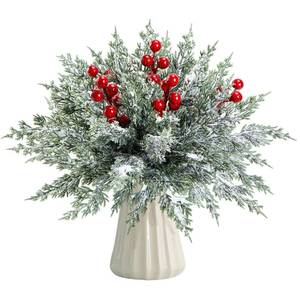 lot 2391 image: 45 Pcs Artificial Christmas Snow Pine Branches with Red Berry Stems, Snowy Faux Greenery Norfolk Pine Cypress Leaves Stems, Berries White Frosted Fake Foliage Pines Needle Picks for Garland Home Decor