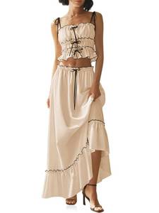 lot 2416 image: Wenrine Womens Summer 2 Piece Skirt Sets Casual Spaghetti Straps Cropped Cami Ruffle Maxi Skirt Flowy Beach Outfit Beige L