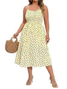 lot 2418 image: Beautife Womens Plus Size Midi Dress Summer Polka Dot Square Neck Long Dresses Spaghetti Strap Smocked Beach Sundress 5XL