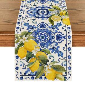 lot 2437 image: Artoid Mode Lemon Blue and White Porcelain 210 GSM Summer Table Runner, Seasonal Spring Kitchen Dining Table Decoration for Home Party Decor 13x72 Inch