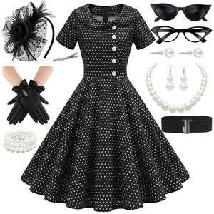 lot 2446 image: A 1950s Polka Dot Dresses for Women Tea Party Outfit with 50s Accessories M