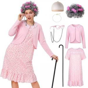 lot 2450 image: Yi-gog Women Old Lady Costume Grandma Dress Cardigan Wig Glasses Accessories Set Halloween Granny Cosplay Outfits Dress Up