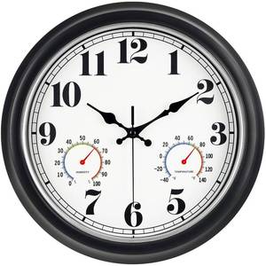 lot 3150 image: 45MinST 13-Inch Vintage Outdoor Wall Clock with Thermometer and Hygrometer, Waterproof, Large Numbers, Silent, for Indoor and Outside Use,Porch,Garden,Pool(Black Frame with Silver Trim)