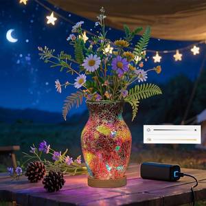 lot 3153 image: ZHIPINHUI 8 Inch Detachable Mosaic Glass Vase Lamp with Wooden LED Base, Decorative Bedside Table Lamp (Ruby Red3 Color Temperatures)