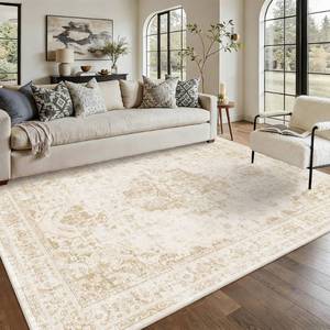 lot 3161 image: DUIDY 5x7 Vintage Washable Area Rugs Boho Medallion Large Distressed Retro Accent Carpet Floral Non-Slip Soft Low Pile Indoor Throw Rug for Living Room Bedroom Dining Room Office Kitchen, Beige