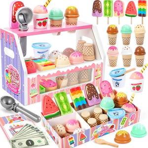 lot 3163 image: Ice Cream Play Set Toy 3-5, Wooden Pretend Play Ice Cream Shop for Kids 3