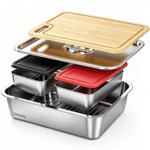 lot 3170 image: Geesta 5-in-1 Grilling Prep & Serve Tays, Grill Carry System, Stainless Steel BBQ Serving Platter, Marinating Container with Lid & Cutting Board, Outdoor Cooking Grill Accessories, Grilling Gift