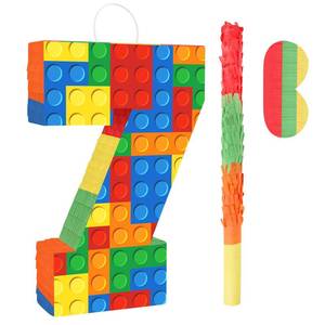 lot 3180 image: Number 7 Pinata with Blindfold and Bat Stick Building Block 7th Birthday Decorations for Kids Boys Girls Building Block Birthday Party Games Number Pinata for Fiesta