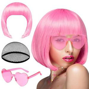 lot 4130 image: PLULON Pink Short Bob Wig and Sunglass Set, Neon Short Bob Wig Sunglass Pack Costume Colorful Cosplay Wig Hairpieces for Bachelorette Neon Party Favors, Halloween Decorations