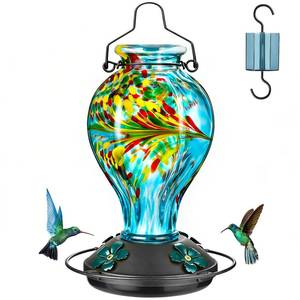 lot 4131 image: Tegarbed Hand Blown Glass Hummingbird Feeders for Outdoors Hanging, 24oz Wild Bird Nectar Feeder with Ant Moat and Perch, Bee-Resistant Ports, Garden Decor, Gifts for Women Mom, 1 Pack, Blue Phoenix