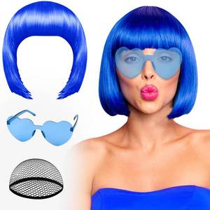 lot 4133 image: PLULON Blue Bob Wig and Sunglass Set, Neon Short Bob Wig Sunglass Pack Costume Colorful Cosplay Hairpieces for Bachelorette Neon Party Favors, Halloween Decorations