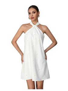 lot 4143 image: Floerns Womens Pearl Beaded Halter Twist Sleeveless Tie Back Dress White