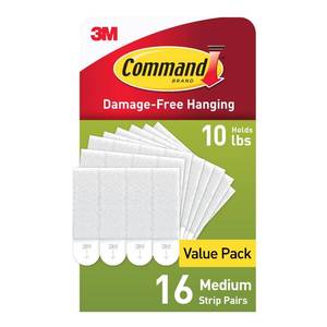 lot 4153 image: Command Picture Hanging Strips, Medium, White, Holds up to 12 lbs., 16-Pairs (32-Strips), Easy to Open Packaging