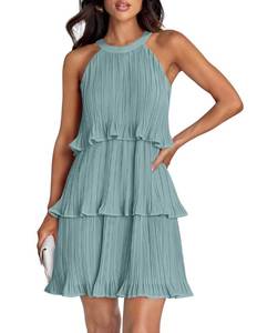 lot 4167 image: ZESICA Womens 2025 Summer Halter Dresses Sleeveless Ruffle Tiered Layered Chiffon Pleated A Line Swing Mini Dress,Sage,Small
