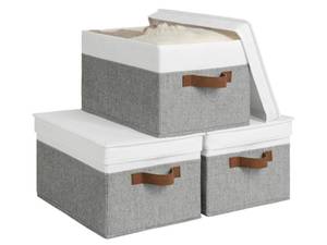 lot 5430 image: StorageWorks Fabric Storage Bins with Lids, Decorative Storage Bins with PU Handles, Foldable Storage Baskets for Closet, Shelves, Stackable and Sturdy Organization, Gray and White, Large, 3-Pack