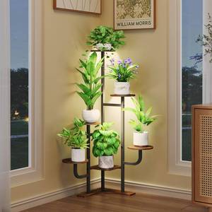 lot 5432 image: Homsorout Corner Plant Stand with Grow Light - 6 Tier Plant Stand Indoor Round Metal Plant Shelf with Adjustable Light, Plant Organizer for Living Room, Garden, Home Decor, Brown