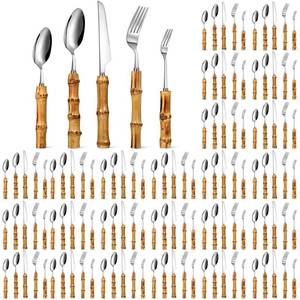 lot 5443 image: Eboot Bamboo Silverware Set 188 Stainless Steel Tableware Set Natural Utensil Flatware Kit Spoon Fork Knives Bamboo Handle Cutlery for Kitchen Wedding Home Restaurant Party(Silver,120 Pieces)