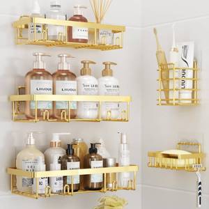 lot 5445 image: Liuoud 5 Pack Shower Caddy Organizer Rack Shelf for Inside Shower, Self Adhesive Wall Storage Basket Rustproof Stainless Steel Shampoo Holder Bathroom Accessory Decor Set, Gold