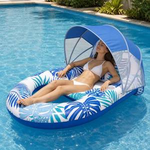 lot 5447 image: Pool Float for Adults with Canopy, XL Inflatable Chair Lounge Floaties with Adjustable Sun Shade Cover, Drink Holder, Ergonomic Headrest