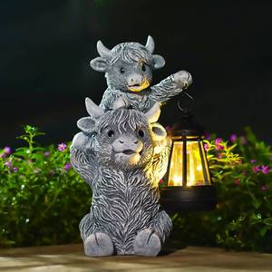 lot 5453 image: Goodeco 9.5 Inch Highland Cow with Solar Lantern �� Resin Garden Decor, Outdoor Statue & Unique Highland Cow Gifts (Gray)