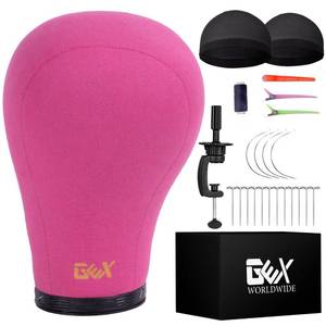lot 5475 image: GEXWORLDWIDE GEX 20-24 Canvas Cork Wig Block Mannequin Head for Wig Making Drying Styling Display with Table C Clamp Stand Holder (Rosy 21)