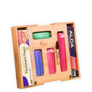 lot 5493 image: 3 Slim 6-in-1 Expandable Storage Bag Organizer Kitchen Drawer - Bamboo Baggie Organizer for Drawer, Aluminum Foil & Saran Wrap Cutter, Plastic, Gallon, Quart & Sandwich Bags (11.5-17.63 Wide)