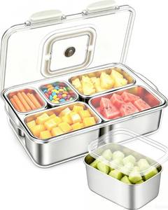 lot 5494 image: Snackle Box Container, Stainless Steel Divided Serving Tray with Lid and Handle, Large Snack Tray for Fruit Veggie Candy, 5-Compartment Snack Platter for Travel Party Beach Picnic