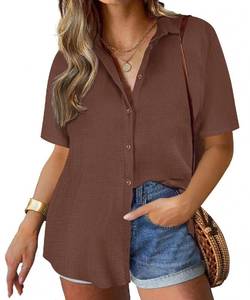 lot 6137 image: TIYOMI Plus Size Button Down Shirts for Women 3X Brown Tops Collared Short Sleeve Button up Coffee Casual Shirts Loose Fit Summer Blouses 3XL 22W 24W