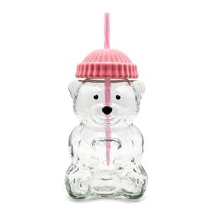 lot 6138 image: Krewchton Glass Bear Cup,Bear Cup with Straw, 500ml Reusable Bear Glass Tumbler with Lid for Iced Coffee, Milk Tea, and Cocktails, Dishwasher Safe(Pink)