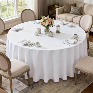 lot 6212 image: MRJ White Table Clothes for Round Tables 120 inch Stain and Wrinkle Resistant Washable Polyester Table Cover for Banquet Party Buffet Restaurant