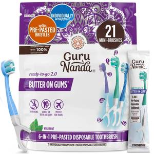 lot 6269 image: GuruNanda Mini Disposable Toothbrushes with Toothpaste, Tongue Scraper, Floss & Toothpick - 6-in-1 Ready-to-Go Prepasted Travel Toothbrush - Fluoride Free, No Rinsing, Individually Wrapped, 21 Ct
