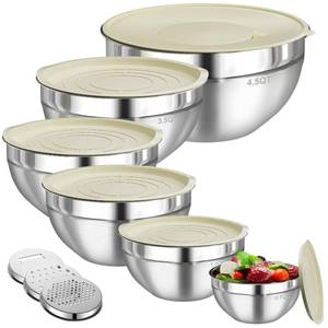 lot 7188 image: Winproper Mixing Bowls with Lids Set, 6 PCS Stainless Steel Mixing Bowls with 3 Grater Attachments, Kitchen Food Storage Organizers Nesting Mixing Bowl, Large Size 4.5, 3.5, 2.1, 1.5, 1.1, 0.7QT