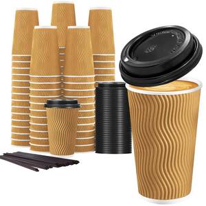 lot 7189 image: Lamosi 50 Pack 16 oz Disposable Coffee Cups with Lids and Straw, Champagne