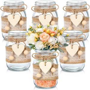 lot 7191 image: Mumufy 6 Sets Mason Jar Table Centerpiece with Lace Sleeves and Heart Shaped Hemp Rope Rustic Mason Jar Vases Reception Engagement Party Bridal Shower Centerpieces Wedding Table Decorations