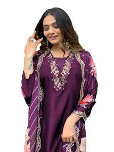 lot 8030 image: FORKEY Womens Embroidered Kurta Pant Set with Floral Dupatta, Purple, Viscose Rayon (US, Alpha, Medium, Regular, Regular, Purple)