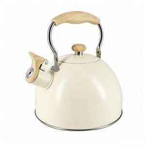 lot 8038 image: Lilys Home Whistling Tea Kettle, Teapot for Stovetop, Pleasant Whistle Sound, Heat Resistant Plastic Handle - Faux Wood Finish, Non Toxic Stove Kettle for Boiling Water - 2.5 Quarts (Cream)