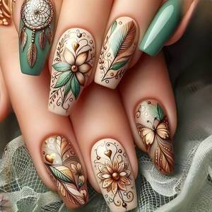 lot 8054 image: 24Pcs Feathered Press on Nails Medium Square Fake Nails Flower Heart Design Glossy False Nails Green Brown Full Cover Artificial Glue on Nails Cute Stick on Nails Spring Nails Art for Women DIY