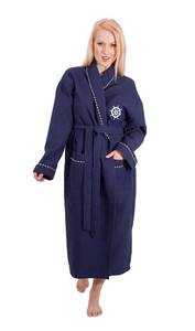 lot 8071 image: Classic Turkish Towels - 100% Turkish Cotton Unisex Long Bathrobe - Ultra Soft & Absorbent Nautical Waffle Robe, Hotel Comfort & Spa Quality - Navy (ML)