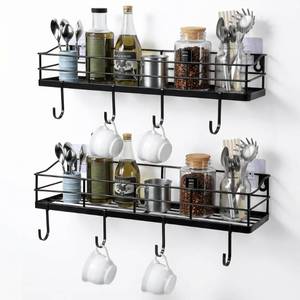lot 8087 image: Lyeasw Black Floating Shelves Wall Mounted with 8 Removable S-Hooks for Mugs, Towels, Utensils, Adhesive Shower Shelf Organizer for Coffee Bar Kitchen or RV Storage and Organization, Set of 2